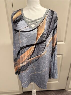 Women's Grey Geometric Abstract Print Long Sleeve Top with Crisscross V-Neck XL